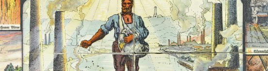 Spielbrett (Ausschnitt) des Würfelspiels Unter rauchenden Schloten, Jos. Scholz Verlag, Mainz, Illustration: Fritz Gärtner, um 1918