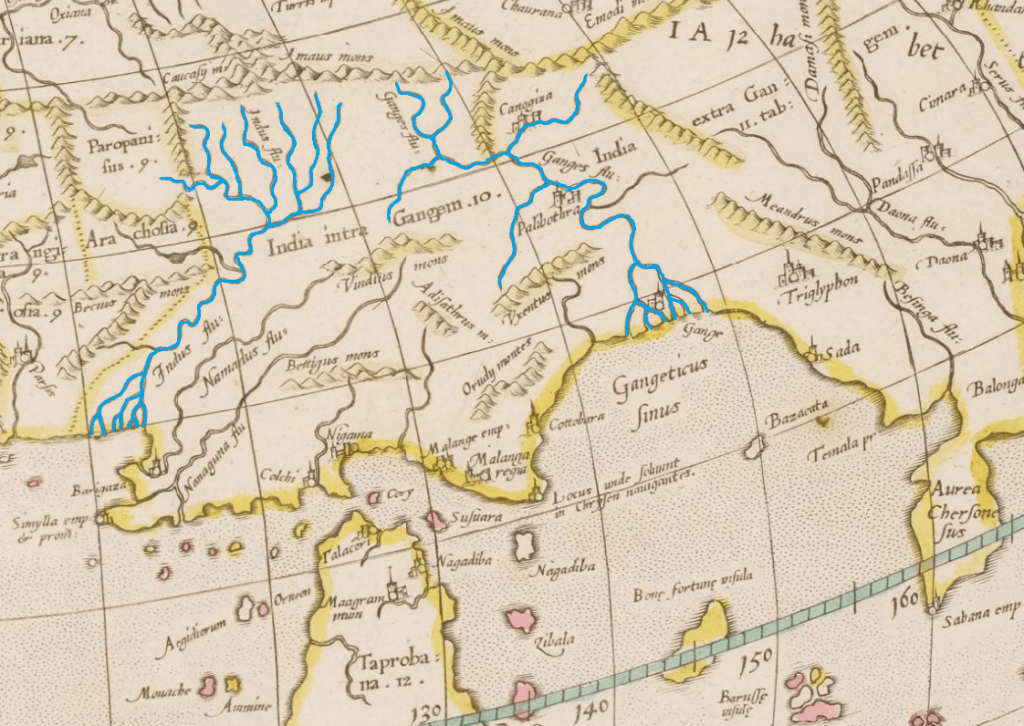 Indien (India intra Gangem) in Mercators Edition des Ptolemäus mit den Flüssen Indus und Ganges (blau hervorgehoben) und der Insel Sri Lanka (Taprobana) im Süden.
